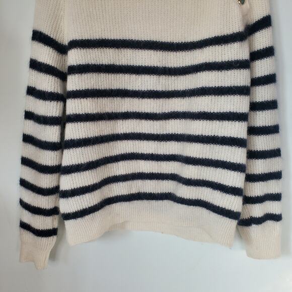 Sezane Trudy Jumper Wool Sweater Natural Navy White Striped Gold Button Small - Picture 7 of 10